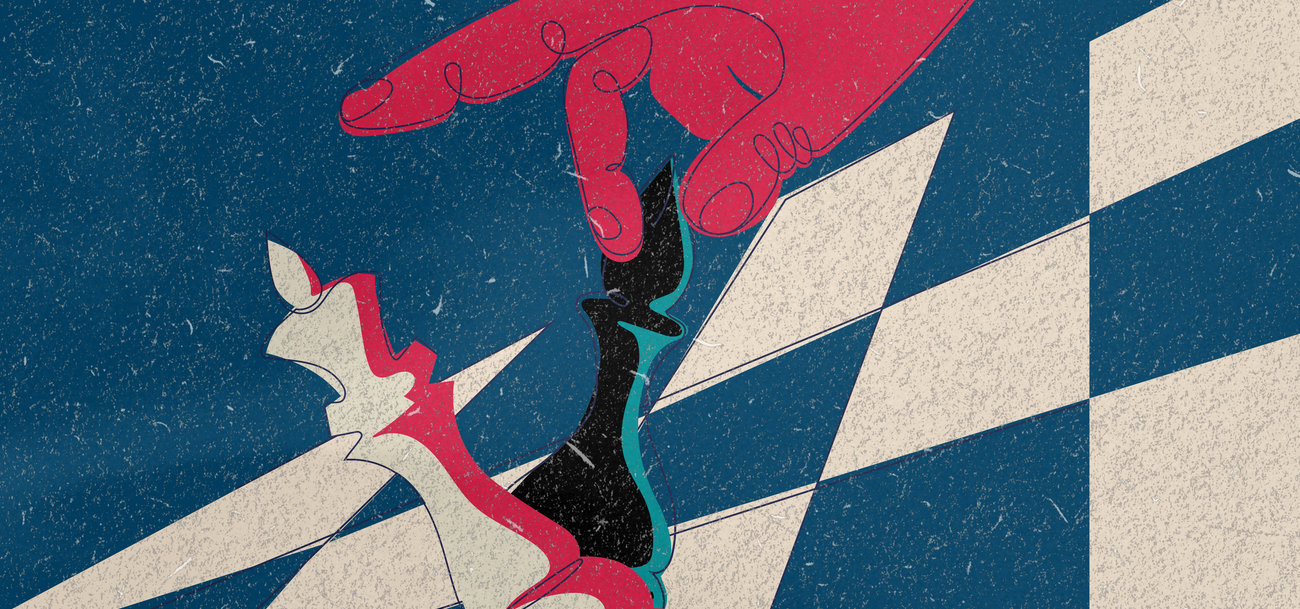 Abstrakte Illustration einer roten Hand, die eine schwarze Schachfigur bewegt, während eine weiße Figur fällt. Der Hintergrund zeigt ein stilisiertes Schachbrett in Blau und Beige.
